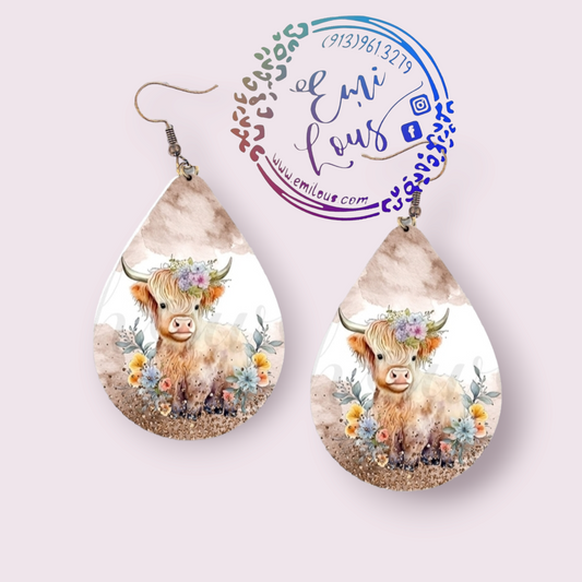 Highland Cow Floral Earrings